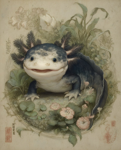 Black axolotl resting among - black,